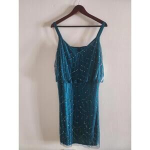 Adrianna Papell Sequin Cocktail Dress Teal Spaghetti Straps Layered Size 16W